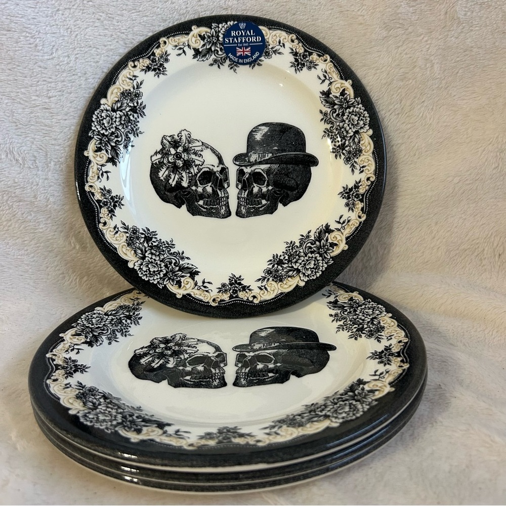 NEW Royal Stafford Til Death Do Us Part Skeleton Skull Dinner Plates Bowls S/4